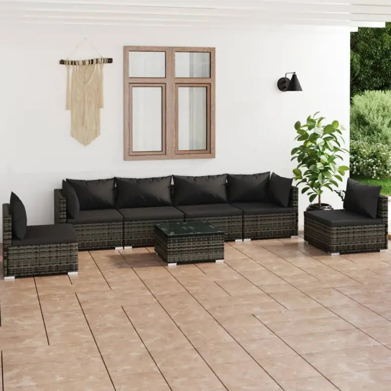Moderne Tuinset met comfortabele zitkussen en stevige afmetingen - Grijs en antraciet / 2x hoek + 4x midden + Tafel