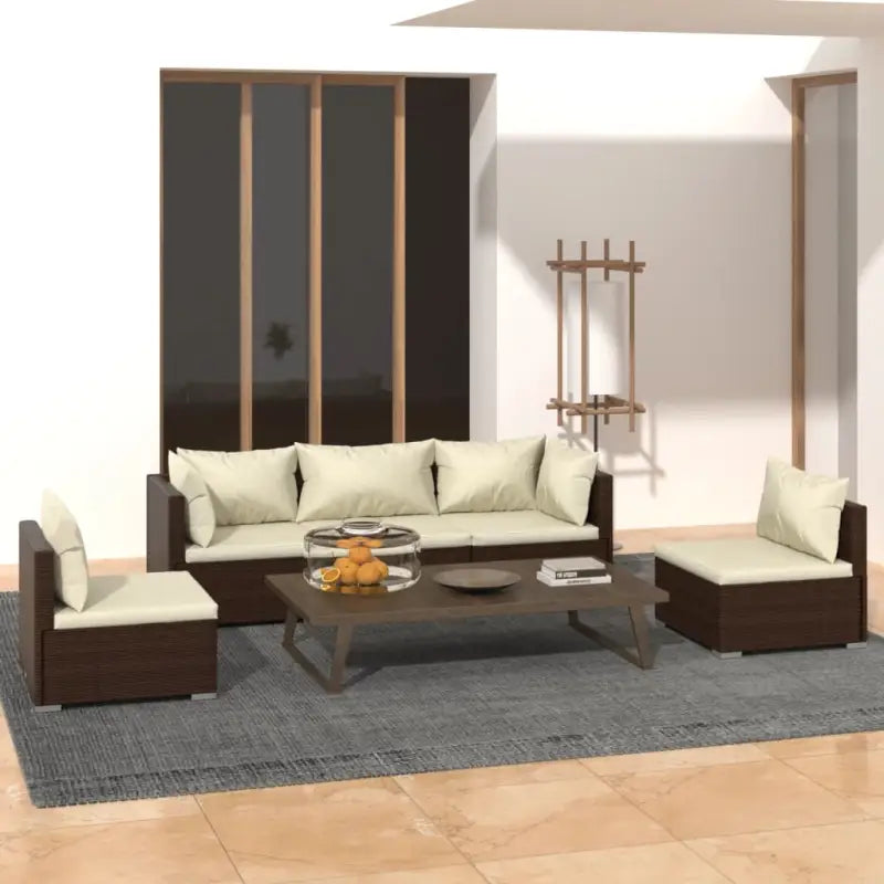 Moderne Tuinset met comfortabele zitkussen en stevige afmetingen - Bruin en crème / 2x hoek + 3x midden - Tuinsets