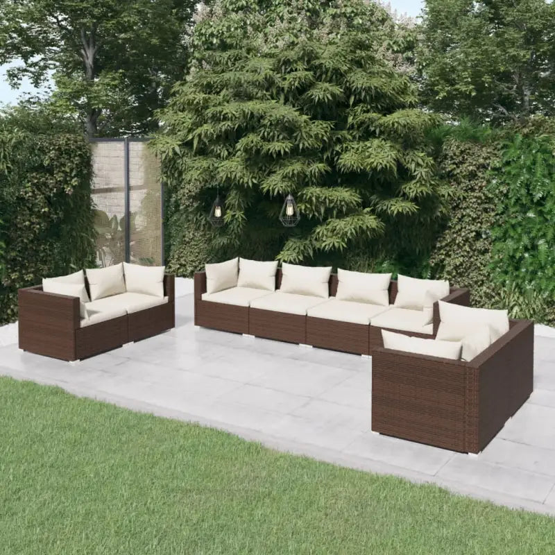 Moderne Tuinset met comfortabele zitkussen en stevige afmetingen - Bruin en crème / 6x hoek + 2x midden - Tuinsets