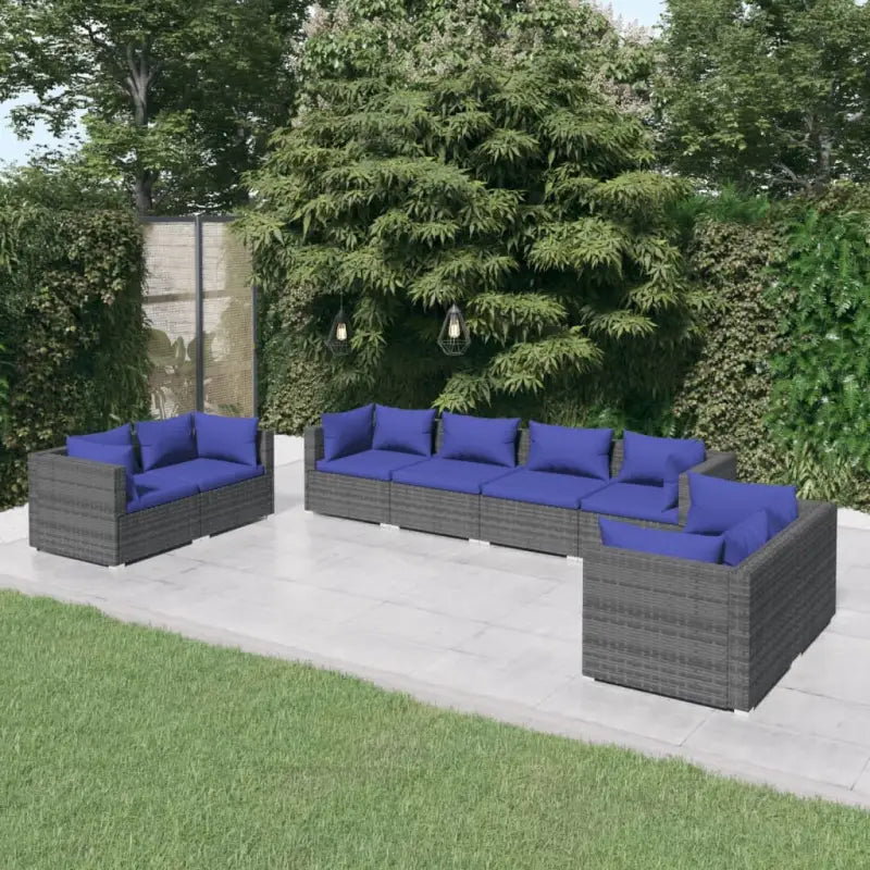 Moderne Tuinset met comfortabele zitkussen en stevige afmetingen - Grijs en donkerblauw / 6x hoek + 2x midden - Tuinsets
