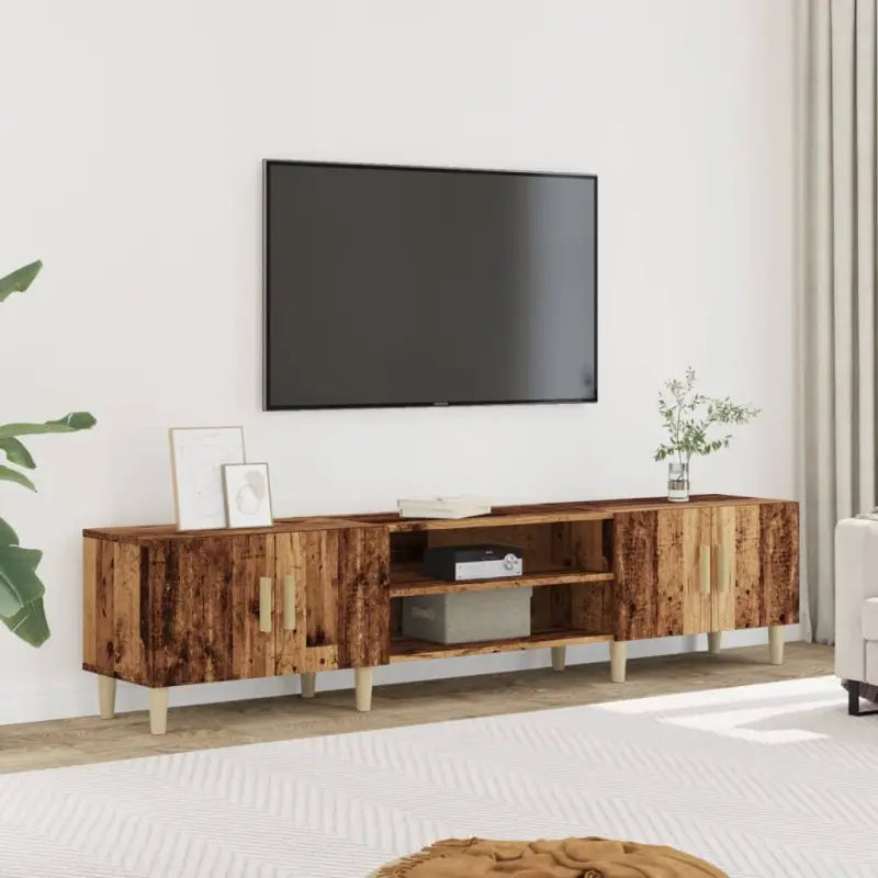 Moderne tv-meubel met bewerkt hout en houten poten voor strak interieur - Oud hout / 1 - Tv-meubels