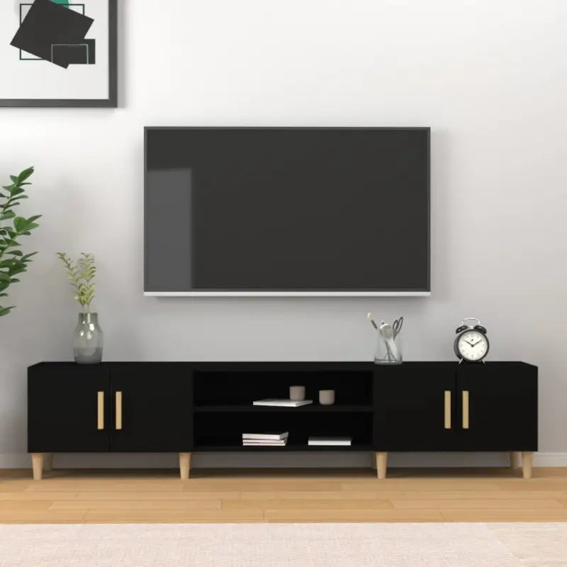 Moderne tv-meubel met bewerkt hout en houten poten voor strak interieur - Zwart / 1 - Tv-meubels