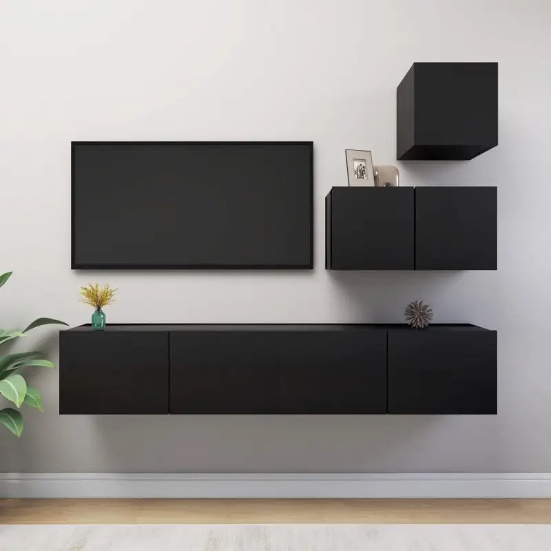 Moderne TV Meubelset Van Behandeld Hout Met Veel Opbergruimte - Zwart / 1 / 60/80 cm - Tv-meubels