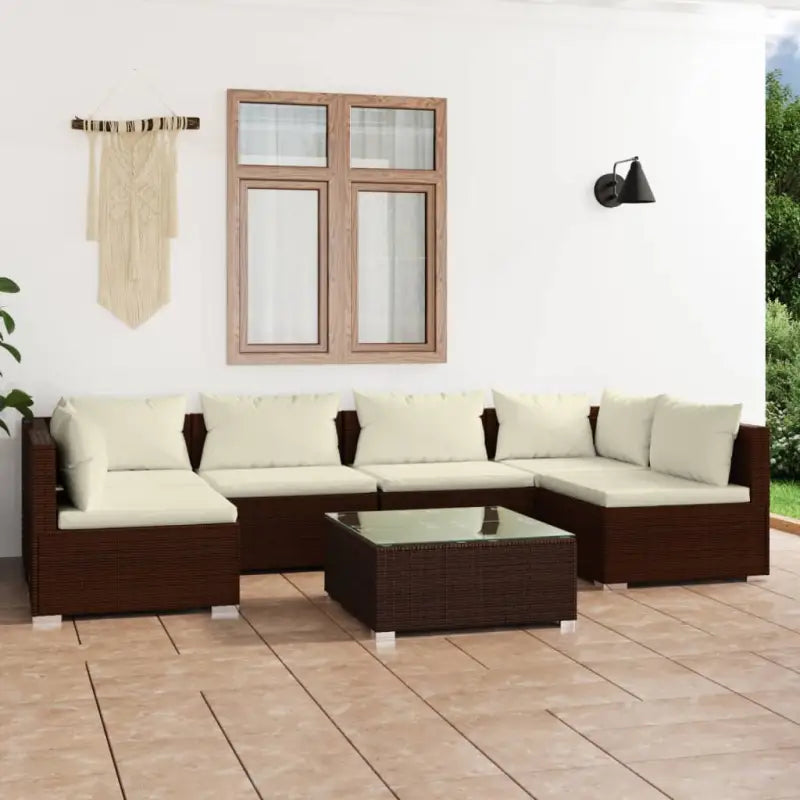 Modulaire poly rattan tuinset met comfortabele zitkussens en instelbare diepte - Bruin en crème / 2x hoek + 4x midden