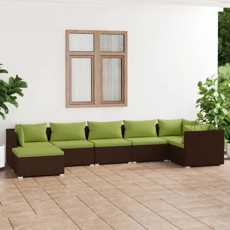 Modulaire poly rattan tuinset met comfortabele zitkussens en instelbare diepte - Bruin en groen / 3x midden + 3x hoek