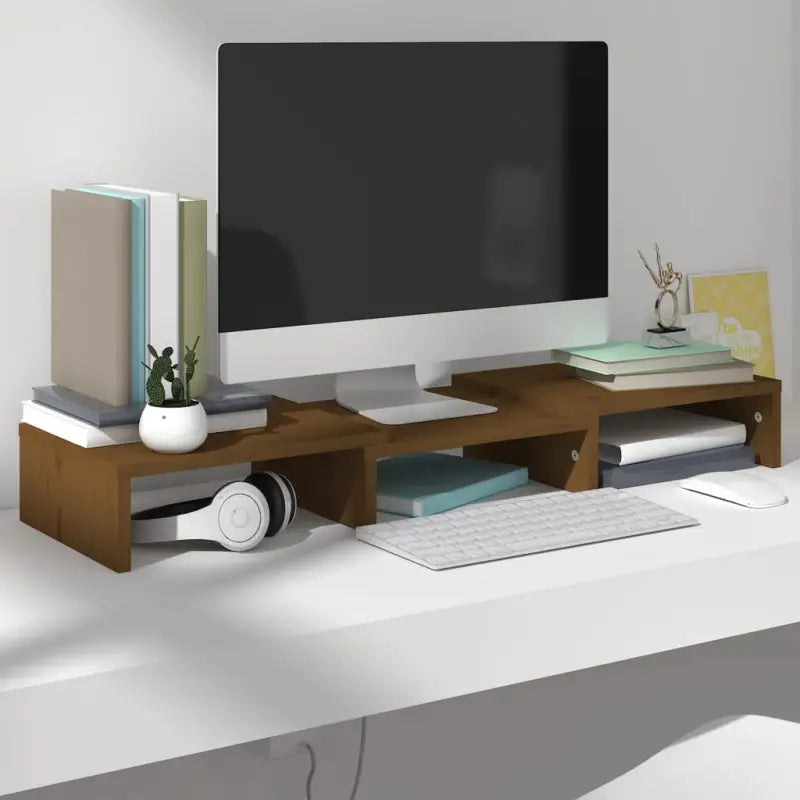 Monitorstandaard van massief grenenhout voor een elegante werkplek - Honingbruin / 1 / 60 cm - Tv-meubels