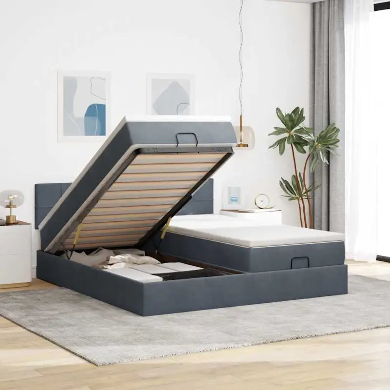 Ottomaanse bed met ruime opbergruimte en roze materiaal vulling - Donkergrijs / 180 x 200 cm / Blok met vierkanten