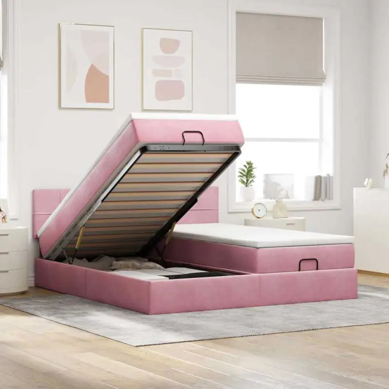 Ottomaanse bed met ruime opbergruimte en roze materiaal vulling - Roze / 200 x 200 cm / Blok met vierkanten - Bedden &