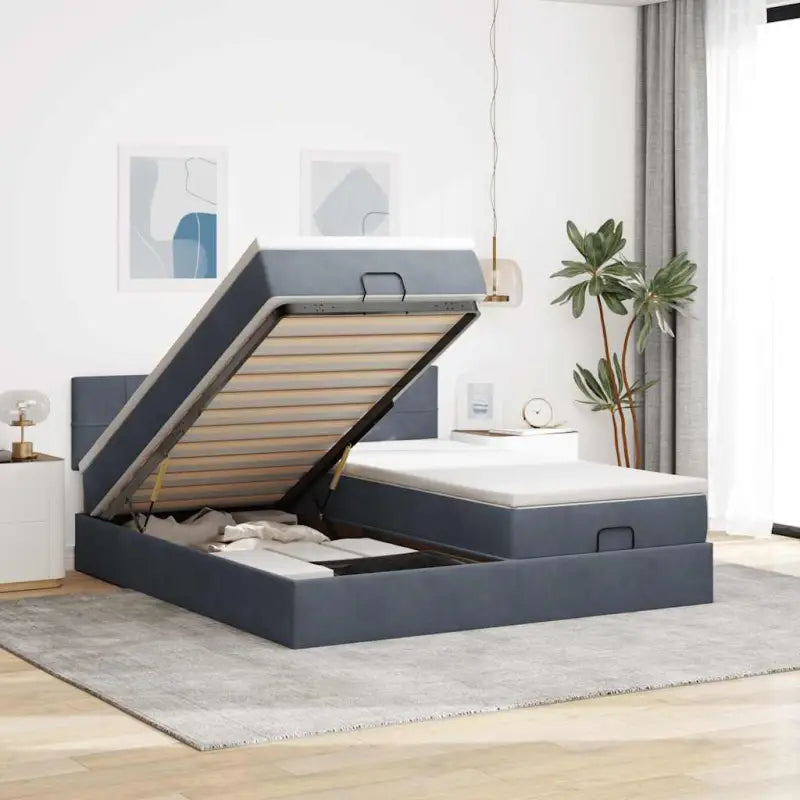 Ottomaanse bed met ruime opbergruimte en roze materiaal vulling - Donkergrijs / 200 x 200 cm / Blok met vierkanten