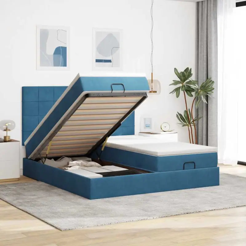 Ottomaanse bed met ruime opbergruimte en zwart materiaal - Donkerblauw / 200 x 200 cm / Blok met vierkanten - Bedden &