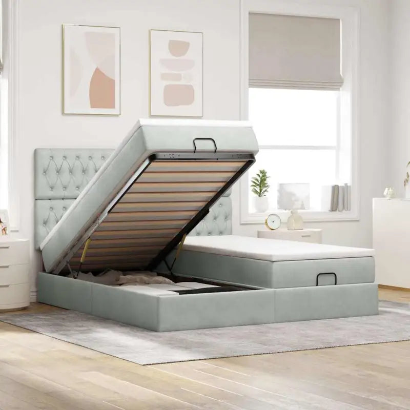 Ottomaanse bed met ruime opbergruimte en zwart materiaal - Lichtgrijs / 200 x 200 cm / Getuft ontwerp - Bedden &