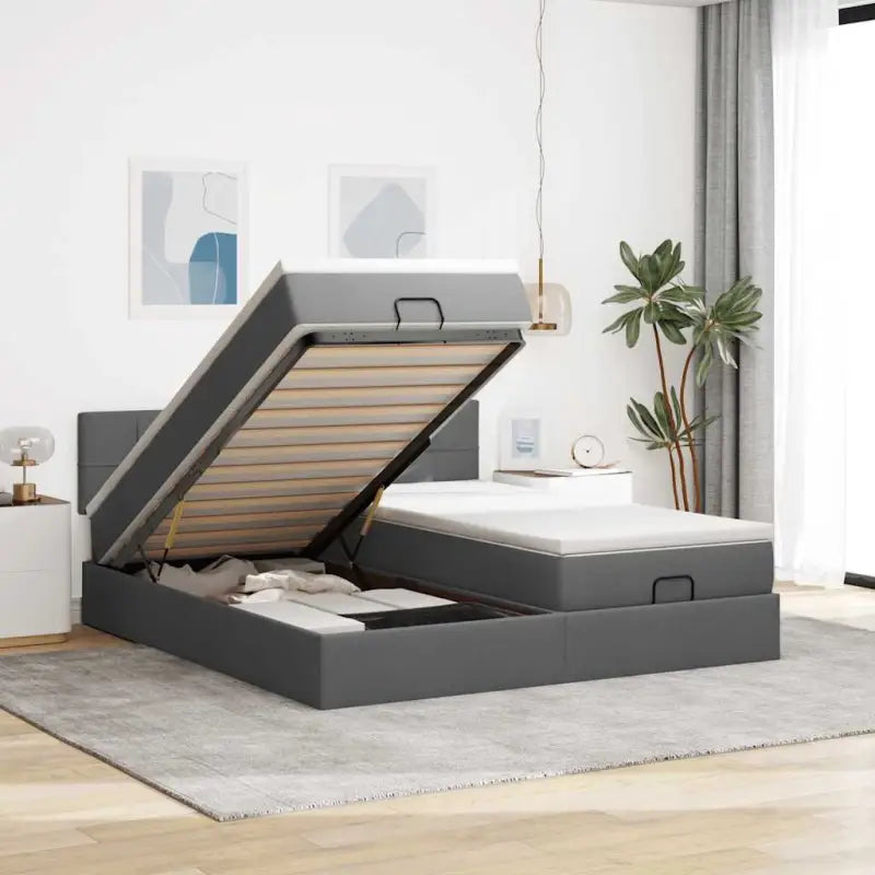 Ottomaanse bed met ruime opbergruimte in lichtgrijs materiaal - Donkergrijs / 200 x 200 cm / Blok met vierkanten