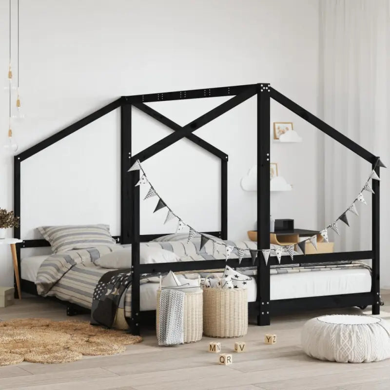 Peuter en kinderbed met massief grenenhout voor een gezellige slaapkamer - Zwart / 2 x (90 x 200) cm - Peuter- &