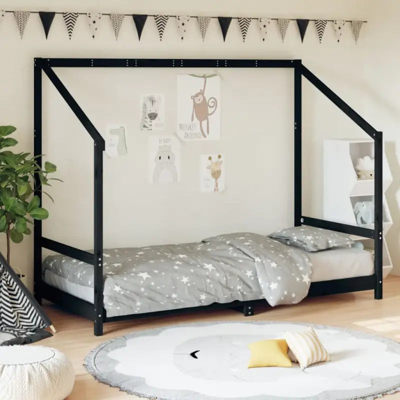 Peuter en Kinderbed met massief grenenhout voor een natuurlijke slaapkamer - Zwart / 90 x 190 cm - Peuter- &
