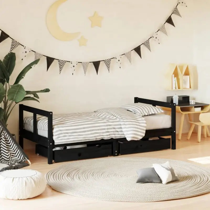 Peuter- en kinderbedden van massief grenenhout met tijdloos design - Zwart / 80 x 160 cm - Peuter- & kinderbedden