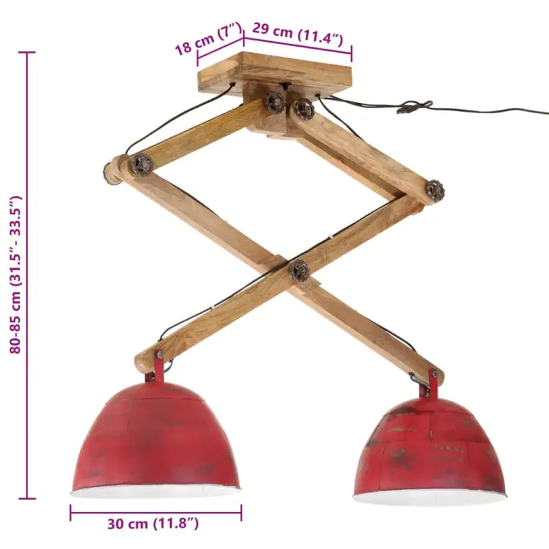 Plafondlamp in industriële stijl met massief mangohout en verweerd rood - Lampen