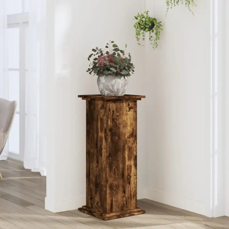 Plantenstandaard van bewerkt hout voor eenvoudig schoon en stabiel tentoonstellen - Gerookt eiken / 33 x 33 x 80 cm / 1