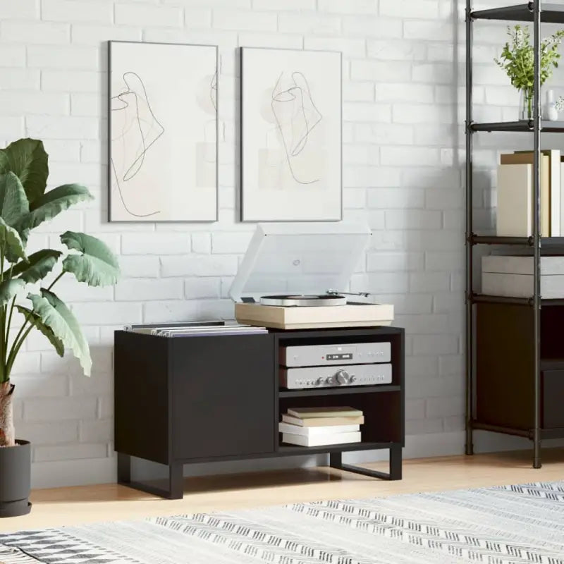 Platenkast met stevige blad en ijzeren poten van bewerkt hout - Zwart / 1 - Cd- & dvd-kasten