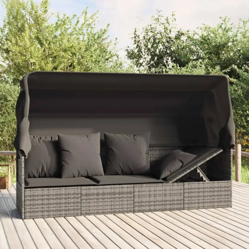 Poly Rattan Ligstoelen met Luifel en Kussens voor Buitenplezier - Grijs / 1 - Ligstoelen