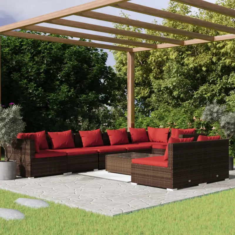 Poly Rattan Lounge Set met Waterbestendig Materiaal en Diepte Zitting - Bruin en kaneelrood / 3x hoek + 5x midden