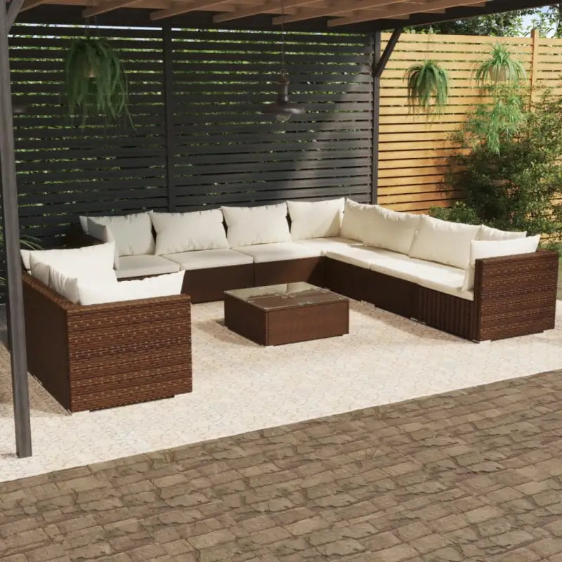 Poly Rattan Lounge Set met Waterbestendig Materiaal en Diepte Zitting - Bruin en crème / 5x hoek + 4x midden + Tafel