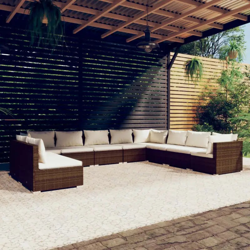 Poly Rattan Lounge Set met Waterbestendig Materiaal en Diepte Zitting - Bruin en crème / 3x hoek + 7x midden - Tuinsets