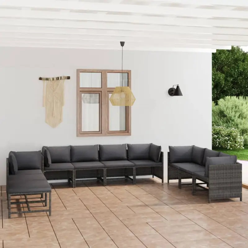 Poly rattan loungeset met diepte zitting en comfortabel materiaal vulling - Grijs / 5x hoek + 3x midden + voetensteun