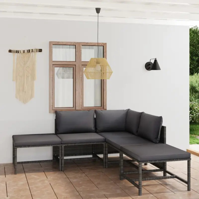 Poly rattan loungeset met diepte zitting en comfortabel materiaal vulling - Grijs / Hoek + 2x midden + 3x voetensteun