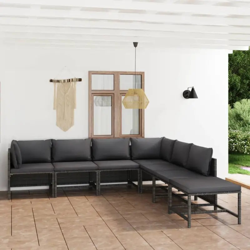 Poly rattan loungeset met diepte zitting en comfortabel materiaal vulling - Grijs / 2x hoek + 4x midden + voetensteun