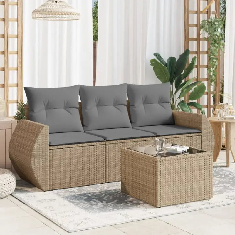 Poly rattan loungeset met gepoedercoat staal en waterdichte tas - Beige en grijs / Met tafel - Tuinsets