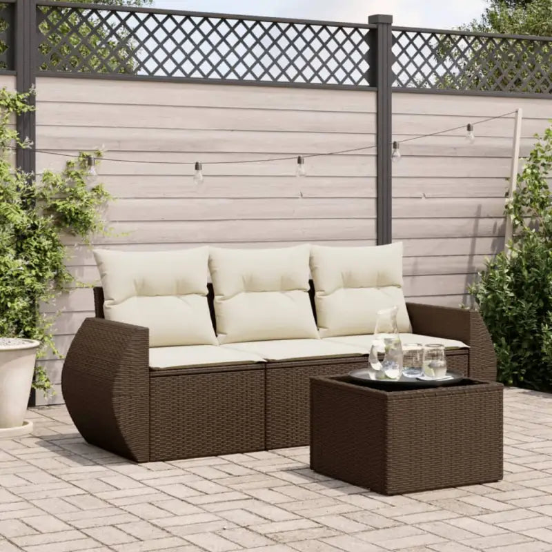 Poly rattan loungeset met gepoedercoat staal en waterdichte tas - Bruin en crème / Met tafel - Tuinsets