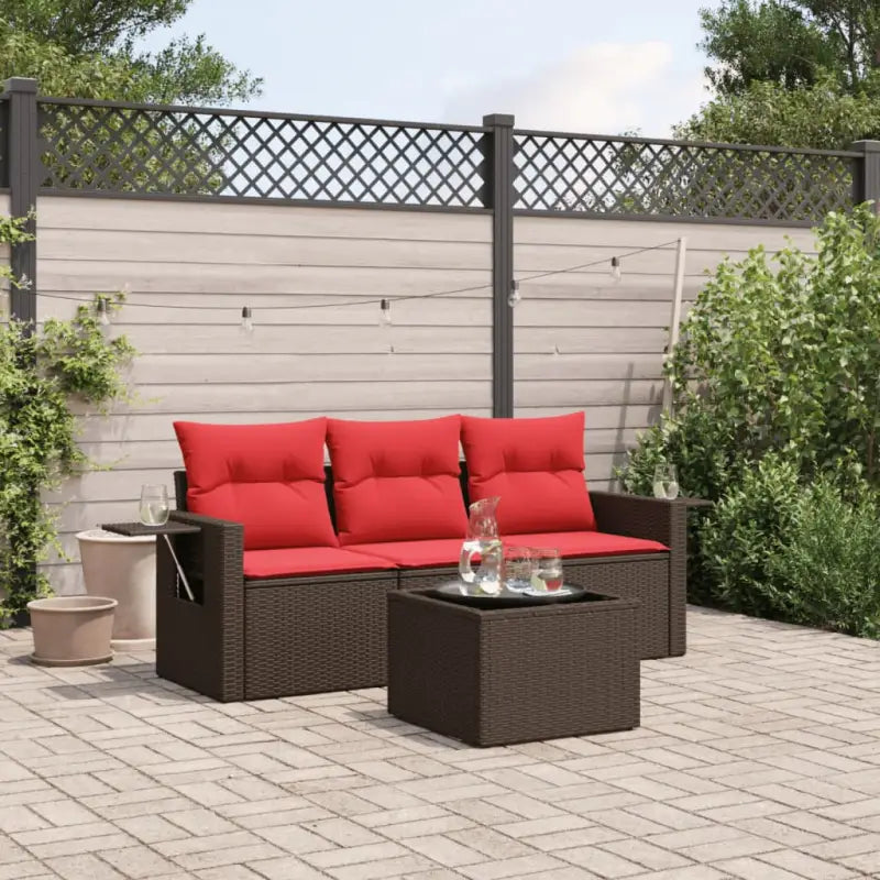Poly Rattan Loungeset met Waterdichte Tas en Gepoedercoat Staal - Bruin en rood / Met tafel - Tuinsets