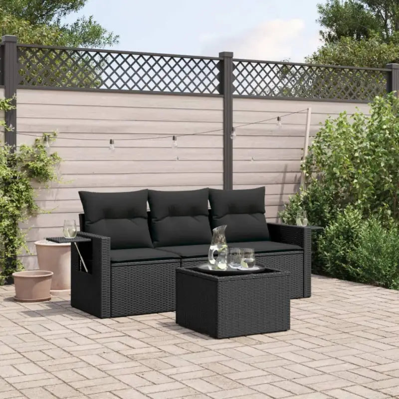 Poly rattan loungeset met waterdichte tas en gepoedercoat staal - Zwart / Met tafel - Tuinsets
