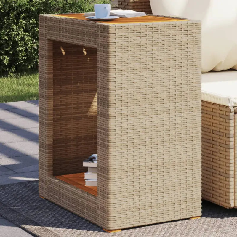 Poly rattan tuintafel met houten blad eenvoudig schoon en veelzijdig - Beige / 60 x 40 x 75 cm / 1 - Tuintafels