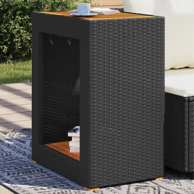 Poly rattan tuintafel met houten blad eenvoudig schoon en veelzijdig - Zwart / 60 x 40 x 75 cm / 1 - Tuintafels