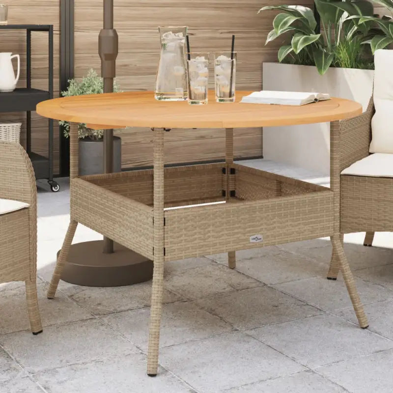 Poly rattan tuintafel met houten tafelblad voor gezellige tuin momenten - Beige / 1 - Tuintafels
