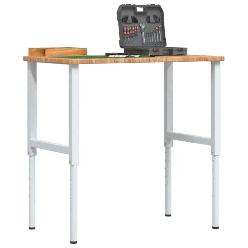 Robuuste werkbank met massief eikenhout en groot werkgebied - Lichtbruin en wit / 100 x 60 x (71.5-98) cm / 1