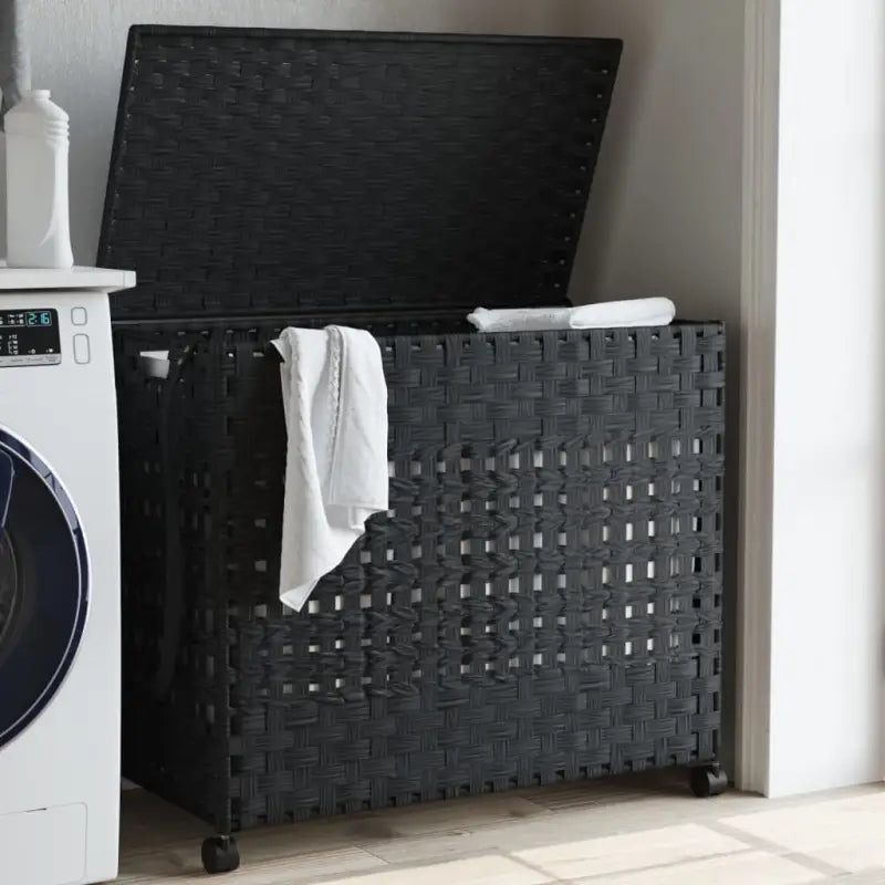Rustieke wasmand met inklapbaar ontwerp en natuurlijke rattan textuur - Zwart / 1 - Wasmanden