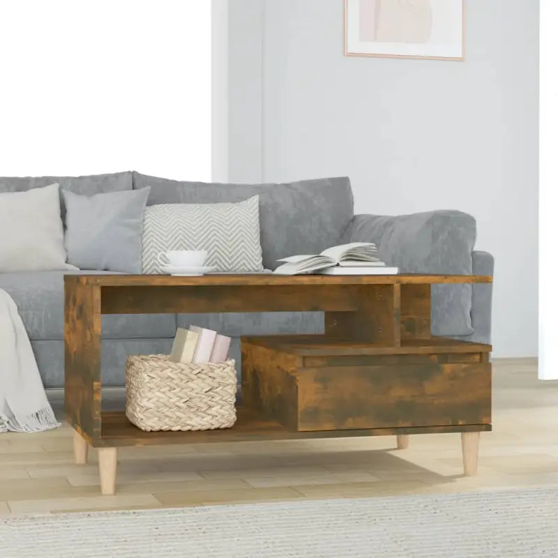 Salontafel met bewerkt hout en houten poten voor een unieke uitstraling - Gerookt eiken / 1 - Salontafels