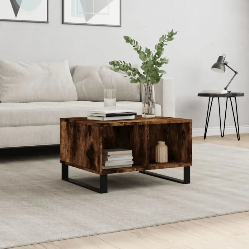 Salontafel met bewerkt hout en metalen poten voor een elegante woonkamer - Gerookt eiken / 1 - Salontafels