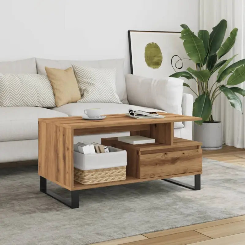 Salontafel met bewerkt hout en metalen poten voor een stijlvolle woonkamer - artisanaal eikenkleurig / 1 - Salontafels