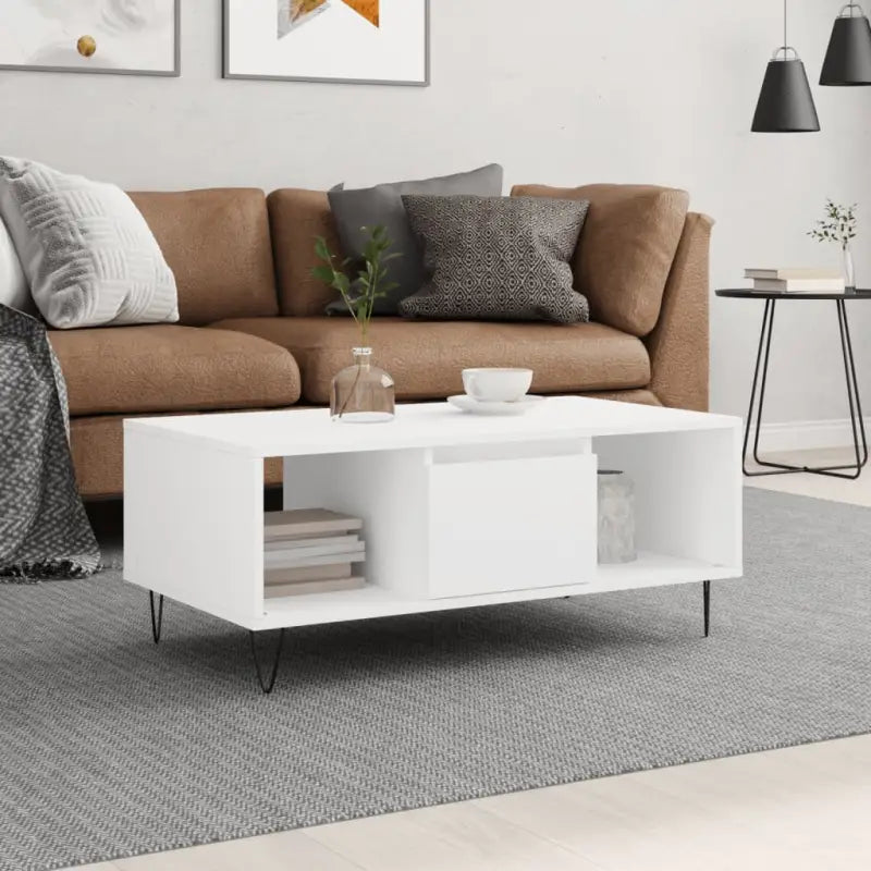 Salontafel met bewerkt hout en metalen poten voor elegante woonkamer - Wit / 1 - Salontafels