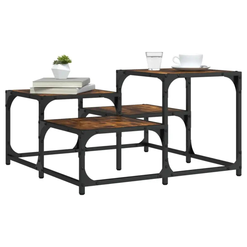 Salontafel met bewerkt hout metalen frame en verstelbare poten - Gerookt eiken / 68 x 68 x 40 cm / 1 - Salontafels