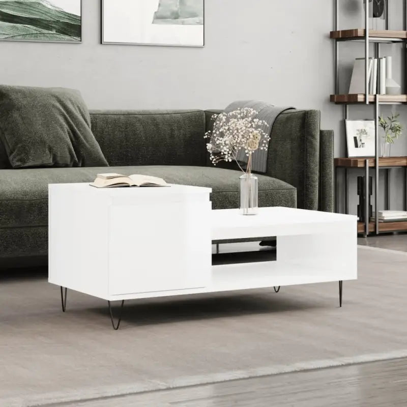 Salontafel met bewerkt hout metalen poten en hoogglans wit afwerking - Salontafels