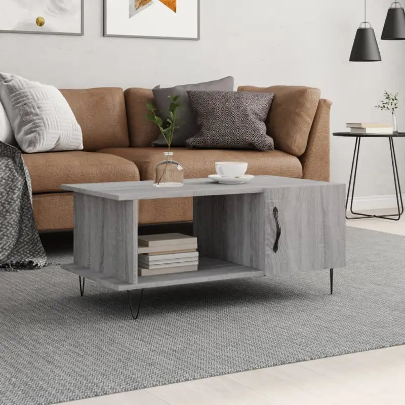 Salontafel met ijzeren poten en bewerkt hout in grijs sonoma - Salontafels