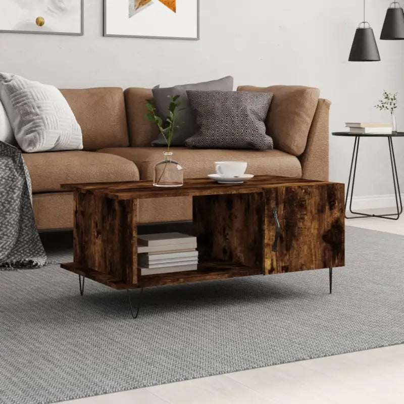 Salontafel met ijzeren poten en bewerkt hout in grijs sonoma - Gerookt eiken / 1 - Salontafels