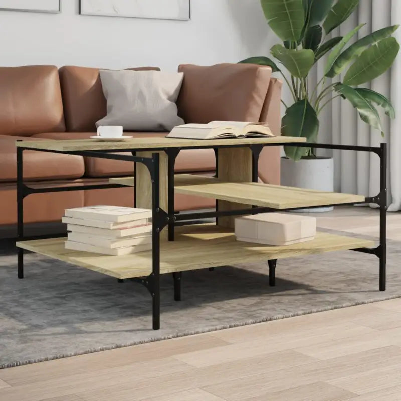 Salontafel met ijzeren poten en bewerkt hout voor stijlvolle woonkamer - Salontafels