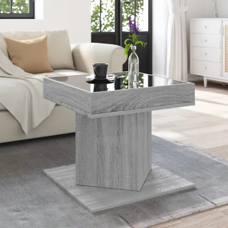 Salontafel met LED-infinity spiegel in bewerkt hout en grijs Sonoma - Salontafels