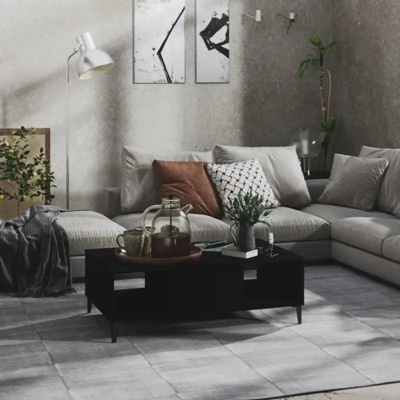 Salontafel met metalen poten en bewerkt hout in hoogglans grijs - Zwart / 1 - Salontafels