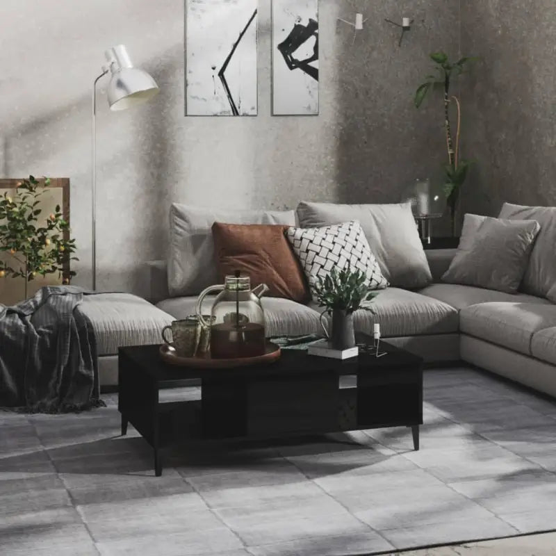 Salontafel met metalen poten en bewerkt hout in hoogglans grijs - Hoogglans zwart / 1 - Salontafels